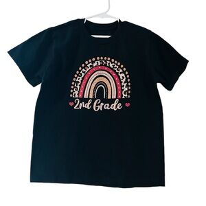 Second Grade T-shirt school uniform Girls size S. Black. Short Sleeve- Rainbow
